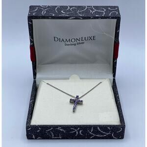 Dainty Sterling Silver & Amethyst Cross Necklace, New in Box